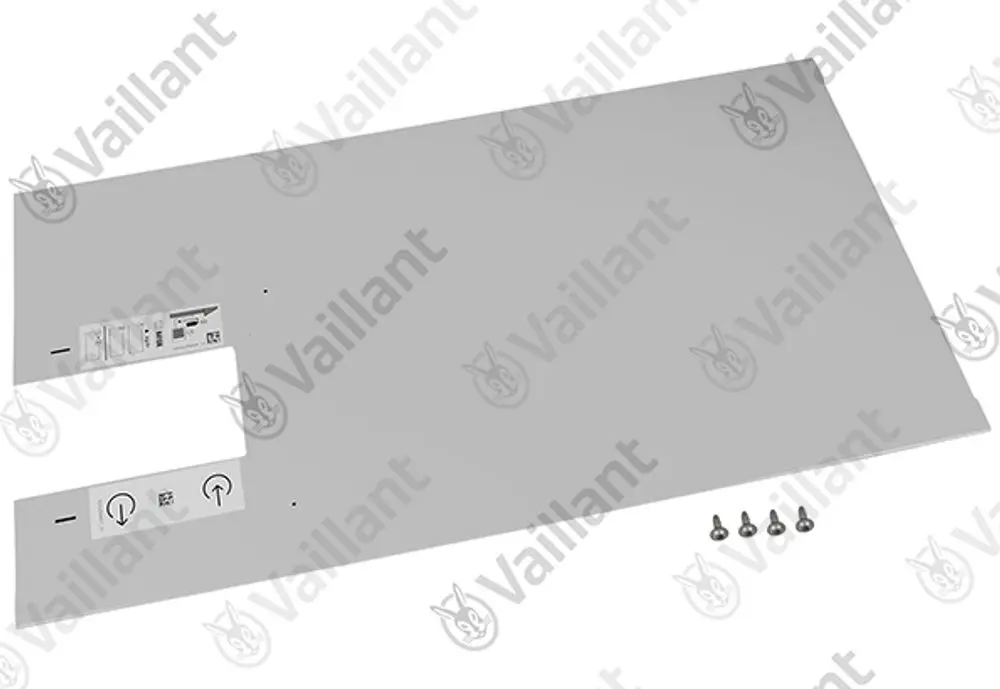 Vaillant Seitenteil in Grau mit Ausschnitten für Bedienelemente, ergänzt mit Schrauben. Ideal zur Verwendung an Heizgeräten oder ähnlichen Anwendungen.